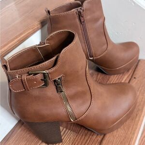 Material Girl Tan/Brown Ankle Boots with Side Zipper & Buckle
